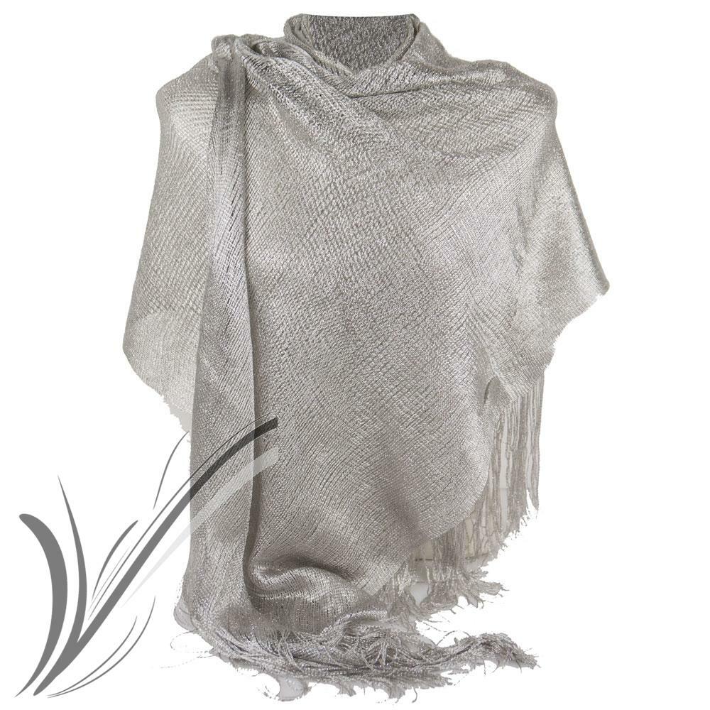 Stola Donna In Raso Con Frange - Argento Per Cerimonie, Matrimoni, Feste Eleganti