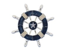 Pack Of 2 Rustic Dark Blue and White Decorative Ship Wheel With Starfish 6""