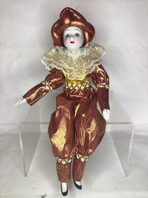 Harlequin Pierrot Porzellan gold rot 45cm venezianisch Karneval Modepuppe 