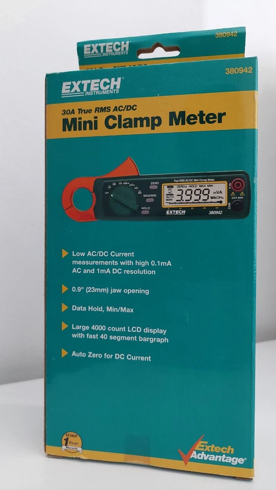 Extech True RMS Mini Clamp Meter AC/DC 30A  Green Compact Digital Current Tester - Bild 2 von 4