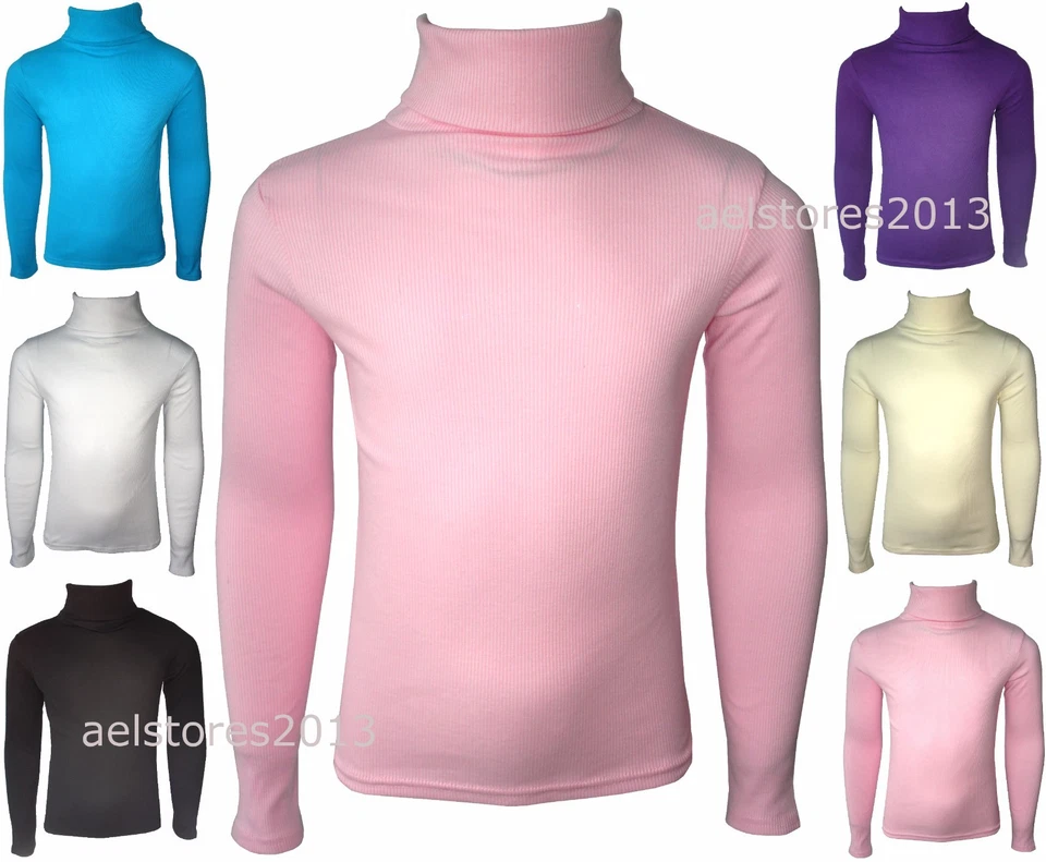 Girls Kids Jumper Ribbed Polo Neck Childrens Tops New Childs Teen Baby 0-13 Yrs