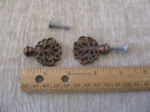 Vintage Pair Brass Ornate Drawer Pull Back Plates Maker Unknown C346 on back - Picture 4 of 18