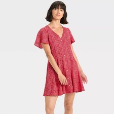 Universal Thread Women Short Sleeve Button Front Mini A Line Dress Red Paisley M