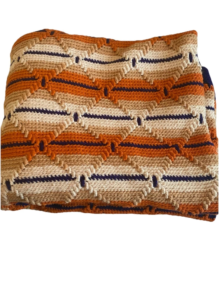 Винтажный ручной работы крючком афганский 38 x 32 синий оранжевый белый зигзаг плед - Изображение 2 из 4