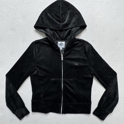 Juicy Couture Black Velour Zip Hoodie Crown Logo Y2K Style Size XS