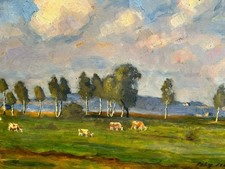 ÖLGEMÄLDE AUF KARTON KÜHE AUF WEIDE MIT BÄUMEN LANDSCHAFT SIGNIERT JOST