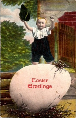 Easter Greetings Boy on Giant Egg Postcard c. 1910 Germany