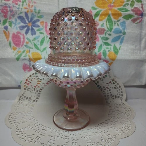 HTF Fenton 95th Champagne Pink Hobnail 3 Piece Glass Fairy Lamp w Correct Insert