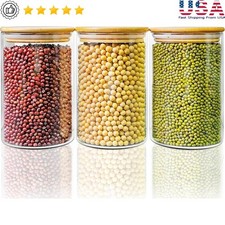 Airtight Glass Food Storage Jars W/ Bamboo Lids Set of 3 Containers Labels New