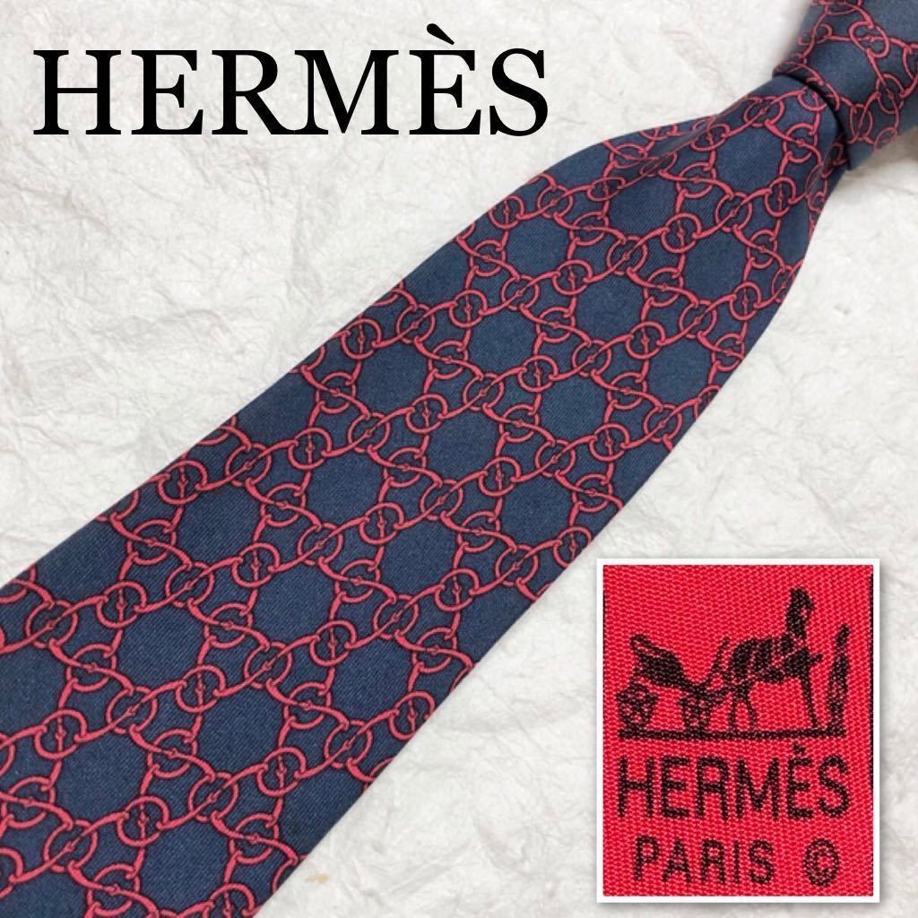 HERMES Tie Metal Fittings All Over Silk 100 Made in France Navy x Red Business