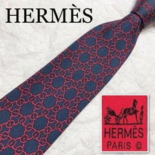 HERMES Tie Metal Fittings All Over Silk 100 Made in France Navy x Red Business