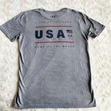 Under Armour Shirt Tee Mens Small Gray HeatGear Freedom USA American Flag READ