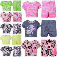 Kids Girls Crop Top Shorts Floral Tie Dye Leopard Unicorn Summer Outfit Sets