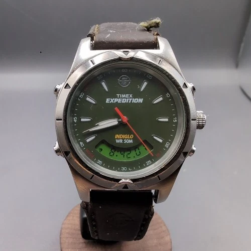 Vintage Timex Expedition Analog Digital 38mm Men's Wrist Watch Genuine Leather