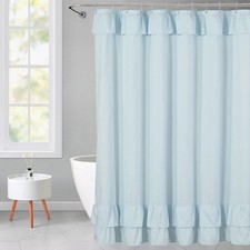 Light Blue Ruffle Shower Curtain Farmhouse Fabric Cloth Bathroom 72x72