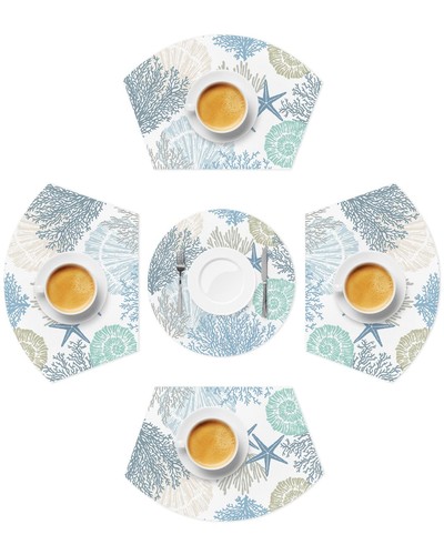 Coastal Round Table Placemats Set of 4 - Summer Beach Coral Blue Teal Sea Nau...
