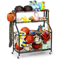 Sport Equipment Organizer for Garage, Steel Basketball Rack with Bat Holder a...