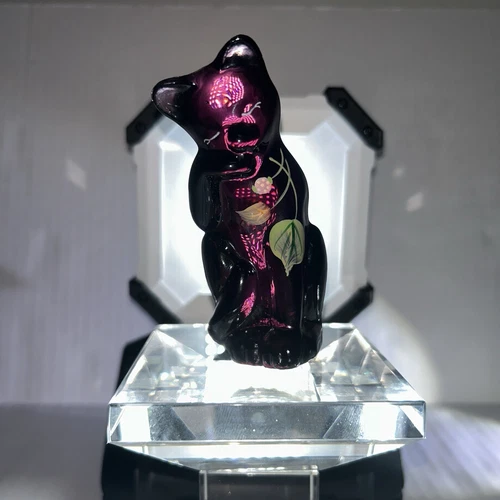 Fenton Glass Cat 4” Black Purple Sitting Figure Hand Painted Signed CC Hardman