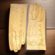 Vintage Soft Leather 9" Gloves Chartreuse Yellow Eyelet Embroidery Italy Sz7