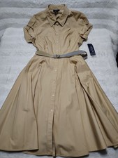 New! CHAPS KHAKI SIZE 16 WOMEN’S SHORT SLEEVE BUTTONED SHIRT DRESS WITH TIE BELT