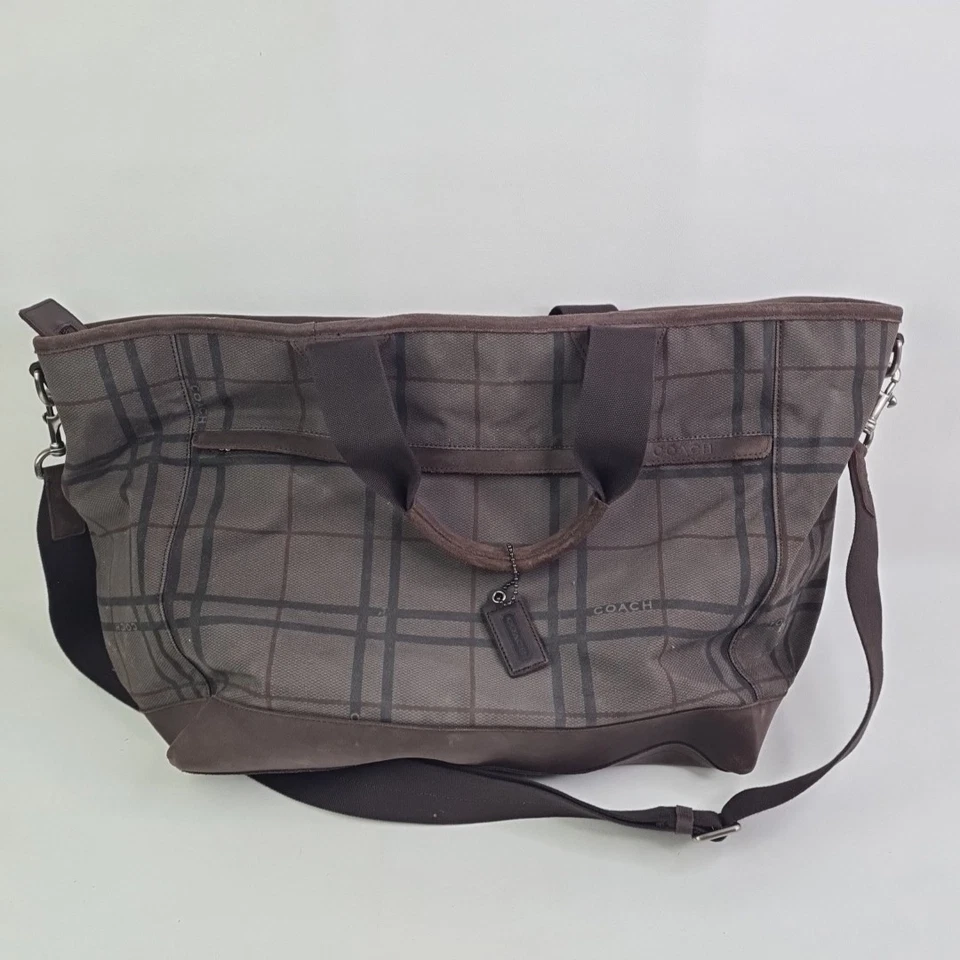 Coach Camden Tattersall Plaid Canvas Tote Bag Weekend Travel Shoulder Brown - Image 2 of 4