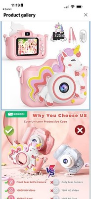 KOKODI Kids Digital Camera Pink Unicorn Case 32GB 1080P 2in USB Timer