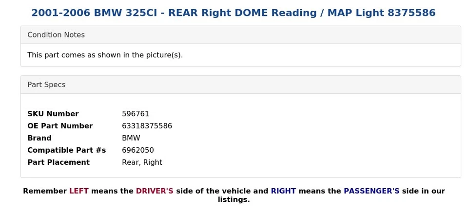 BMW 325CI 2001-2006 - Luz trasera derecha domo lectura/mapa 8375586 Foto 4 de 4