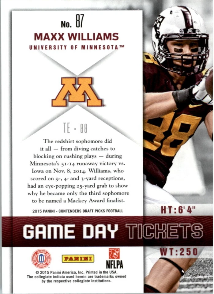 2015 Panini Contenders Draft Picks Game Day Tickets #87 Maxx Williams - FB - Image 2 of 2