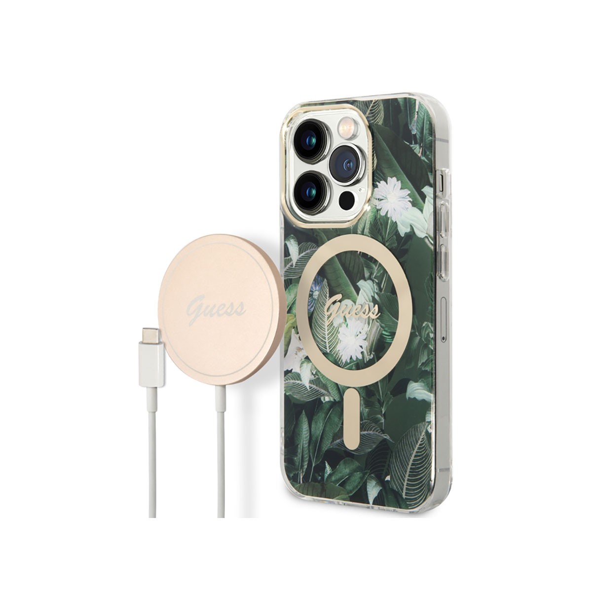 Pack coque iPhone 14 Pro Max motif botanique et station de charge fine