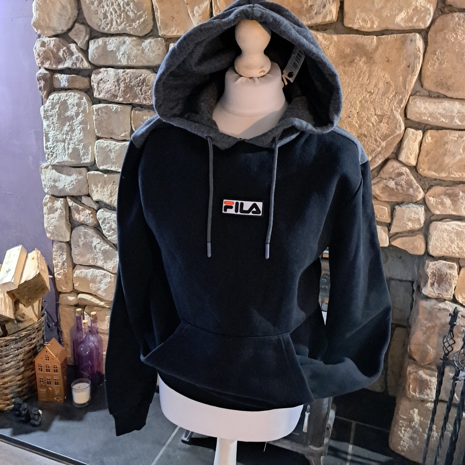 Felpa con cappuccio uomo Fila nera grigia XS NUOVA CON ETICHETTA