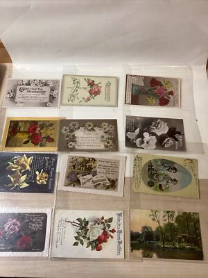 12 verschiedene alte Postkarten Geburtstag, Weihnachten, Grüße, Ostern. Etc. (Lot 11)