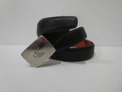 Vintage CK Calvin Kelin black leather belt with silver logo buckle size 36 