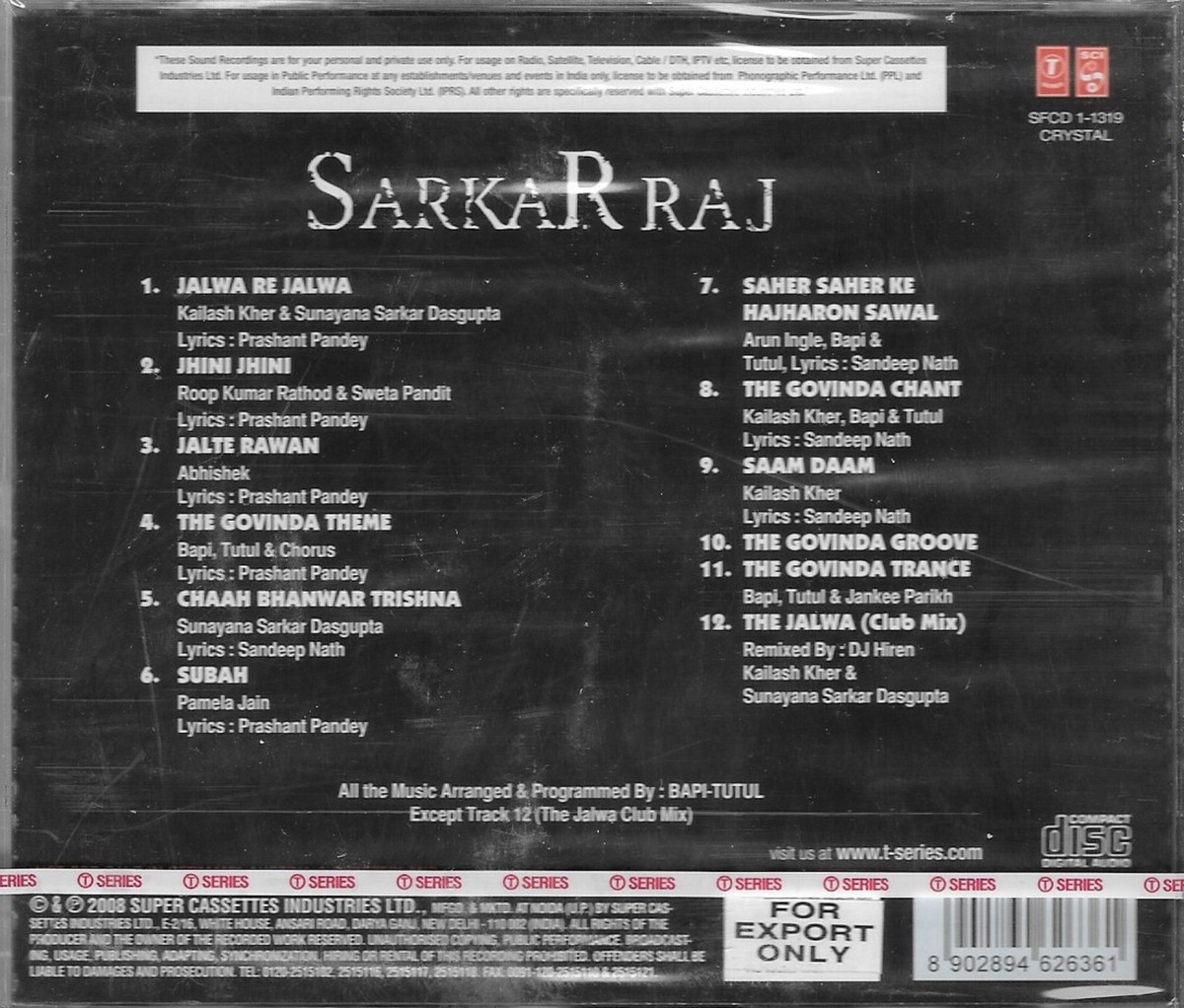 SARKAR RAJ NEW BOLLYWOOD SOUNDTRACK CD FREE UK POST UK