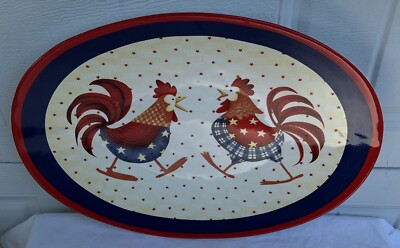 16.5  Jo-Ann Fabric DEBBIE MUMM Red White & Blue US FLAG CHICKEN ROOSTER PLATTER