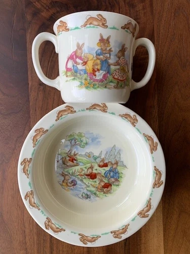 Royal Doulton Bunnykins Baby Set with Bowl and Two Handled Children Mug - Picnic