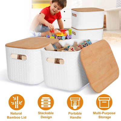 Storage Bin With Removable Bamboo Lid Handles Canvas Basket Box Stackable Lidded