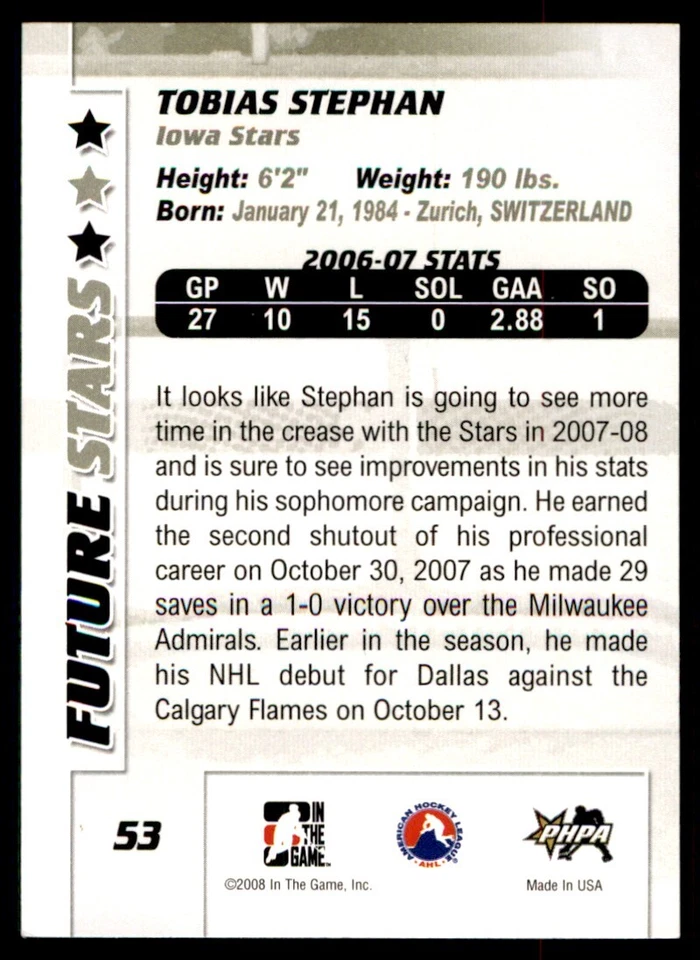 2007-08 In The Game Between the Pipes Tobias Stephan Iowa Stars #53 - Image 2 of 2