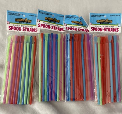 Shaved Ice Spoon Straws 100 Multi-Colored Neon 8 Inch Hawaiian Snow Cone Slushy