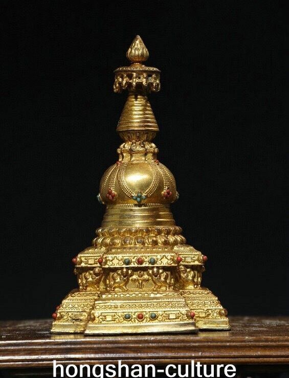 8'' Antique Old Tibet Bronze Gilt Inlay Gems Buddhism Temple Pagoda Tower Statue