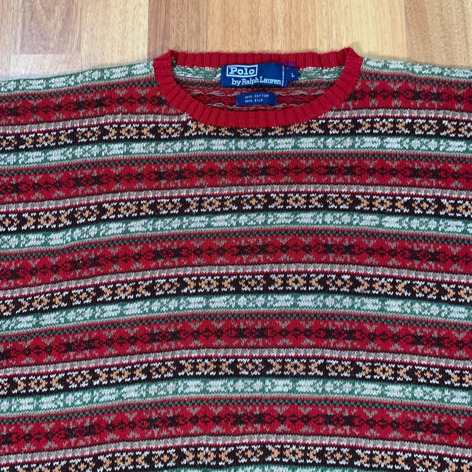 Vtg Polo Ralph Lauren Sweater Mens Large Multicolor Cotton Wool Hand Knit Crew - Image 2 of 4
