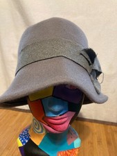 Nordstrom Women Gray 100 Wool Felt Cloche Hat Wide Brim Side Bow Vintage Style