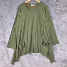 LOGO Lori Goldstein Top 3X Green Asymmetrical Pockets Boho Lagenlook Tunic