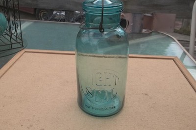Vintage Blue Tight Seal Blue 1/2 Gallon Canning Jar w/ Bail Cover - embossed