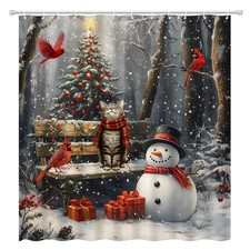 Christmas Cat Shower Curtain Xmas Cute Snowman Winter Forest Red Bird Snowfla...