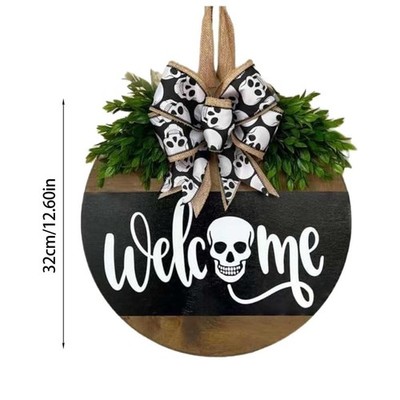 Halloween Welcome Wood Sign Round Skull Wreath Door Hanger Seasonal Decor NEW