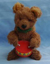 Vintage Windup Brown Bear Playing Drums 7" Tall - 1950's Era Works Well - Japan