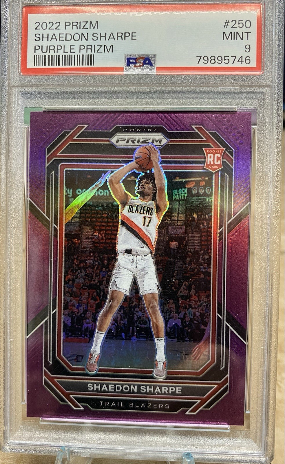 2022-23 Panini Prizm Shaedon Sharpe #250 Purple Prizm /99 (RC) PSA 9 Mint