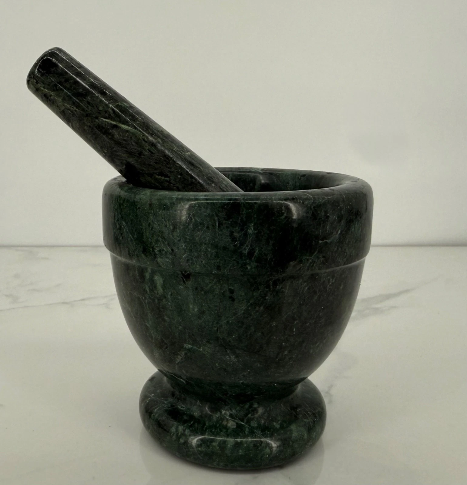 Vintage Hand-Carved Green Marble Mortar and Pestle