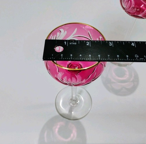 Vintage Red Cranberry Crystal Wine Glasses Cut To Clear w/ Gold Rim 7" Set of 4 - Picture 11 of 11