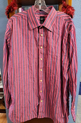 GAP Men's XL 17-171/2 Magenta/Blue Striped Button-Up Long Sleeve Dress Shirt Lux